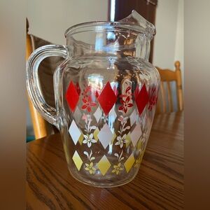 Vintage Glass Pitcher with Ice Lip. Red and Yellow Diamond and Floral Pattern.